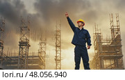 Engineer on constructing site, man in helmet hold tool in hand. AI Generative. Стоковое AI-видео, аниматор Spirit River / Фотобанк Лори