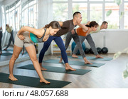 Lovers of active lifestyle on yoga mat perform doing Ardha Uttanasana in gym. Стоковое фото, фотограф Яков Филимонов / Фотобанк Лори