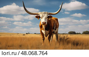 ranch texas longhorn cow ai generated. Стоковое AI-изображение, AI-художник Vectorwin / Фотобанк Лори