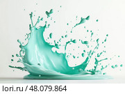 A vibrant splash of mint paint hangs in the air against a stark white backdrop. The dynamic motion and vivid color create a striking visual contrast, showcasing the beauty of abstract art. Стоковое AI-изображение, AI-художник Nart / Фотобанк Лори
