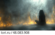 A solitary figure sits quietly in a smoky atmosphere, surrounded by flickering flames, creating a striking contrast with the dark surroundings. Стоковое AI-изображение, AI-художник Данила Большаков / Фотобанк Лори