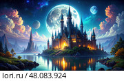 A glowing magical castle under moonlight in a surreal fantasy landscape with twin moons and cosmic sky inspires imagination and dreamlike escapism. Стоковое AI-изображение, AI-художник Igor Tichonow / Фотобанк Лори