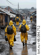 Rescue workers in bright yellow suits walk through muddy waters in a flooded area, responding to an emergency situation amidst makeshift homes. Стоковое AI-изображение, AI-художник Данила Большаков / Фотобанк Лори