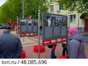 Люди у стендов выставки к 80-летию Победы в Балашихе. Редакционное фото, фотограф Дмитрий Неумоин / Фотобанк Лори