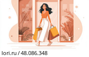 Stylish Young Woman Excited with Shopping Bags, Store Discounts and Promotions. Модная молодая счастливая девушка  с покупками, сделанными во время шопинга. Скидки и акции в магазинах, стиль вектор. Стоковое AI-изображение, AI-художник Katsiaryna Repich / Фотобанк Лори