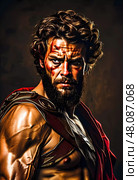 Muscular figure of Hercules stands proud, showcasing defined features and heroic expression. Illuminated under soft light, he exudes confidence and determination in mythic Greece Generative AI. Стоковое AI-изображение, AI-художник Юлия Петровская / Фотобанк Лори