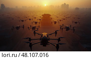 Drones ascend into the evening sky above a city as the sun sets, creating a mesmerizing view filled with technology and urban beauty. Стоковое AI-изображение, AI-художник Данила Большаков / Фотобанк Лори
