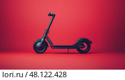 A sleek black electric scooter stands prominently against a bold red background. Изящный черный электроскутер выделяется на красном фоне. Стоковое AI-изображение, AI-художник Katsiaryna Repich / Фотобанк Лори