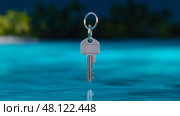 Key resting above calm water surface reflecting serene surroundings. Ключ покоится над спокойной водной гладью, отражая безмятежное окружение. Стоковое AI-изображение, AI-художник Katsiaryna Repich / Фотобанк Лори
