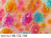 Microscopic view of colorful pathogens attacking human body. Стоковое AI-изображение, AI-художник Юрий Поздников / Фотобанк Лори