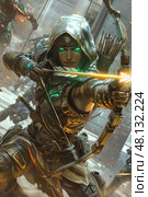 Determined archer taking aim with bow and arrow in futuristic battle scene. Стоковое AI-изображение, AI-художник Юрий Поздников / Фотобанк Лори