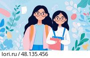 School Friends: A joyful illustration of two female students going to school on bright floral , poster. Стоковое AI-изображение, AI-художник Данила Большаков / Фотобанк Лори