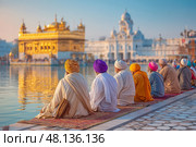 Sikh Ceremony at the Golden Temple with Devotees Praying by the Sacred Pool. Стоковое AI-изображение, AI-художник Анна Коровина / Фотобанк Лори