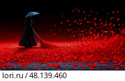 A woman dressed in black gracefully sweeps red rose petals with an umbrella, creating a striking contrast against a dark background. Стоковое AI-изображение, AI-художник Данила Большаков / Фотобанк Лори