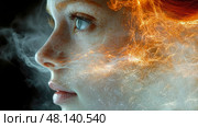 A young woman gazes thoughtfully as fiery strands emerge from her hair, intertwined with delicate wisps of smoke, creating a surreal visual effect. Стоковое AI-изображение, AI-художник Данила Большаков / Фотобанк Лори