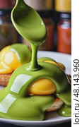 A close-up of a spoonful of matcha-infused hollandaise sauce drizzling over eggs Benedict, green and yellow hues contrasting beauty. Стоковое AI-видео, аниматор Sergey Grishin / Фотобанк Лори