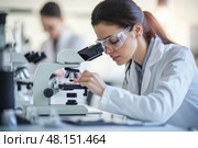 Scientist looking through microscope and using Laptop. Research female student scientist working in the Laboratory. Lab technician chemist analyzing sample through microscope. Conducting an experiment. Стоковое AI-изображение, AI-художник Марина Демидюк / Фотобанк Лори