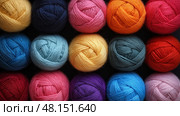 Top-Down View of Scattered Colorful Yarn Balls on Playful Textured Background.  разложенные разноцветные клубки пряжи на текстурированном фоне. Стоковое AI-изображение, AI-художник Katsiaryna Repich / Фотобанк Лори