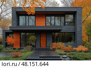 Modern Cozy House with Garage and Pool, Stunning Autumn Landscaping for Sale/Rent. Современный уютный дом с гаражом и бассейном, потрясающий осенний ландшафт - продажа/аренда. Стоковое AI-изображение, AI-художник Katsiaryna Repich / Фотобанк Лори