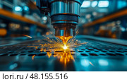 A laser cutting machine operates on a metal surface, creating sparks as it precisely cuts through material in an industrial setting. Стоковое AI-изображение, AI-художник Данила Большаков / Фотобанк Лори