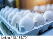 Chicken Eggs on a conveyor belt. Hatching and poultry farming. Egg factory industry. Egg selection process and grading production line with fresh eggs. Automated business, organic farming concept. Стоковое AI-изображение, AI-художник Марина Демидюк / Фотобанк Лори