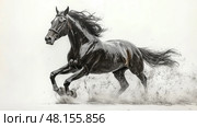 A black horse runs energetically through shallow water, sending sprays of droplets into the air while showcasing its athleticism and beauty. Стоковое AI-изображение, AI-художник Данила Большаков / Фотобанк Лори