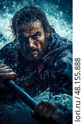 A man fights against strong waves, using a paddle to steer through the tumultuous waters, showcasing his strength and resilience in a storm. Стоковое AI-изображение, AI-художник Данила Большаков / Фотобанк Лори