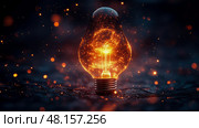 An incandescent light bulb emits a warm glow, casting light on a dark surface while sparkling effects create a magical ambiance at dusk. Стоковое AI-изображение, AI-художник Данила Большаков / Фотобанк Лори