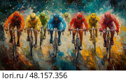 A group of cyclists in bright jerseys competes intensely on a colorful road, showcasing determination during a thrilling race. Стоковое AI-изображение, AI-художник Данила Большаков / Фотобанк Лори