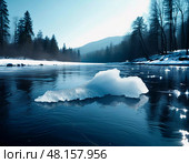 Glacial remnants drift lazily along a glassy river, reflecting soft sunlight and surrounded by a lush forest. Spring whispers as nature awakens, inviting warmth Generative AI. Стоковое AI-изображение, AI-художник Юлия Петровская / Фотобанк Лори