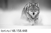 Powerful grey wolf captured mid-stride racing through the snow. Мощный серый волк запечатлен во время бега по снегу. Стоковое AI-изображение, AI-художник Katsiaryna Repich / Фотобанк Лори