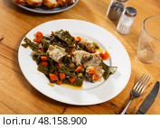 Fried piece of rib bone-in pork garnish with stewed beans and carrot. Стоковое фото, фотограф Яков Филимонов / Фотобанк Лори