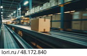 Cardboard boxes speeding on a conveyor belt in a bustling warehouse. Packages Move on a Conveyor Belt. Logistics and transportation background. Product distribution center. Moving image. Export, cargo. Стоковое AI-видео, аниматор Марина Демидюк / Фотобанк Лори