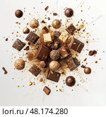 Luxury chocolate pralines and truffles explosion with golden decoration and cocoa splashes on white background, gourmet handmade candies assortment in dynamic composition for confectionery. Стоковое AI-изображение, AI-художник Сергей Тимофеев / Фотобанк Лори