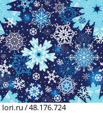 Vector seamless winter dark blue pattern with doodle snowflakes and gradient spots. For textile, wallpaper and packaging. Стоковая иллюстрация, иллюстратор Ольга Дроздова / Фотобанк Лори