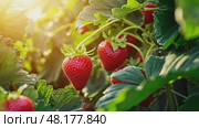 Strawberry. Big ripe Strawberries cluster. Blurred green plantation background. Red sweet berries growing on Strawberry bush in a greenhouse. Many fresh raspberries. Abundance Summer Harvest. Business. Стоковое AI-видео, аниматор Марина Демидюк / Фотобанк Лори