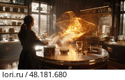 A young woman conjures glowing spells while brewing potions in a vintage alchemist workshop during twilight. Стоковое AI-изображение, AI-художник Данила Большаков / Фотобанк Лори