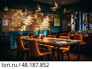 Empty table surrounded by chairs in a darkly lit room with notes posted on the walls in modern office cafe. Стоковое AI-изображение, AI-художник Данила Большаков / Фотобанк Лори