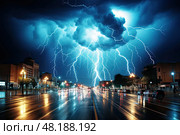 Lightning and thunderclouds strike over the city at night. Стоковое AI-изображение, AI-художник Данила Большаков / Фотобанк Лори
