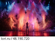 The final bow, the stage behind the performers erupting in a controlled inferno, Стоковое AI-изображение, AI-художник Anastasy Yarmolovich / Фотобанк Лори