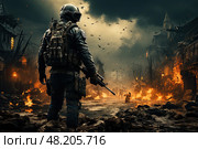 Stern stormtrooper soldier with weapon participates in special operation to clear streets of terrorists against background of ruins on fire. Стоковое AI-изображение, AI-художник Данила Большаков / Фотобанк Лори