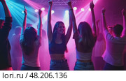 A group of friends dancing under neon lights at a nightclub, purple and blue hues illuminating their joyful faces, music visualize. Стоковое AI-видео, аниматор Sergey Grishin / Фотобанк Лори