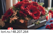 A memorial tribute table, elegantly styled with red flowers and set against a velvet background, expressing a mix of sorrow and grace. Стоковое AI-видео, аниматор Ирина Старикова / Фотобанк Лори