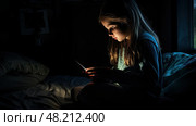 room girl on tablet dark ai generated. Стоковое AI-изображение, AI-художник Vectorwin / Фотобанк Лори