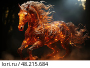 A luminous horse with flames gallops through a mystical forest at dusk. Стоковое AI-изображение, AI-художник Данила Большаков / Фотобанк Лори