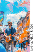 A musician plays guitar on a lively street filled with colorful decorations and festival-goers enjoying the atmosphere. Стоковое AI-изображение, AI-художник Данила Большаков / Фотобанк Лори