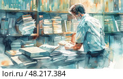 A scholar examines an ancient book amidst towering shelves of manuscripts. Стоковое AI-изображение, AI-художник Данила Большаков / Фотобанк Лори