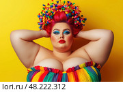 Funny curvy plus size model with big breasts on yellow background, fat busty chubby woman, creative makeup and hairstyle. Стоковое AI-изображение, AI-художник Станислав Тарко / Фотобанк Лори