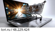 Photo of a laptop and shopping cart on a white background, with clear, sharp focus and soft lighting that creates a halo effect. Стоковое AI-изображение, AI-художник Ярославский Максим / Фотобанк Лори