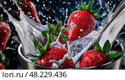 Top view hyper real slowmotion table top strawberries falling. Стоковое AI-изображение, AI-художник Ярославский Максим / Фотобанк Лори